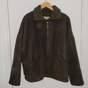Guess || Vintage 90s Brown Leather Sherpa Zip Size Medium Winter Coat